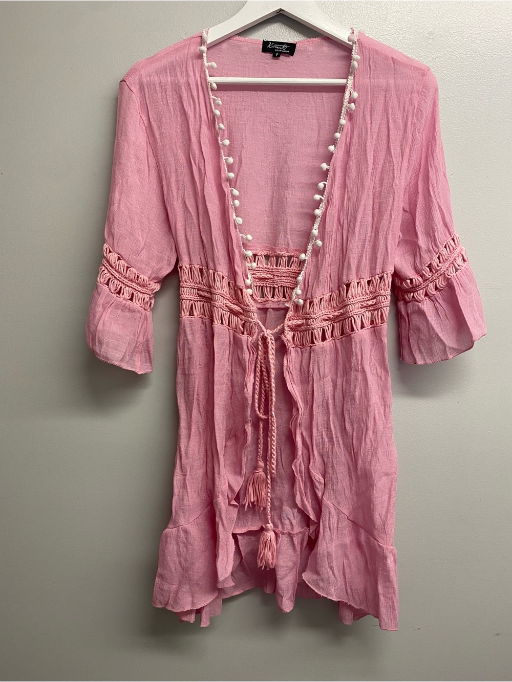 Zaful Pink Pom-Trim Boho Kimono Robe